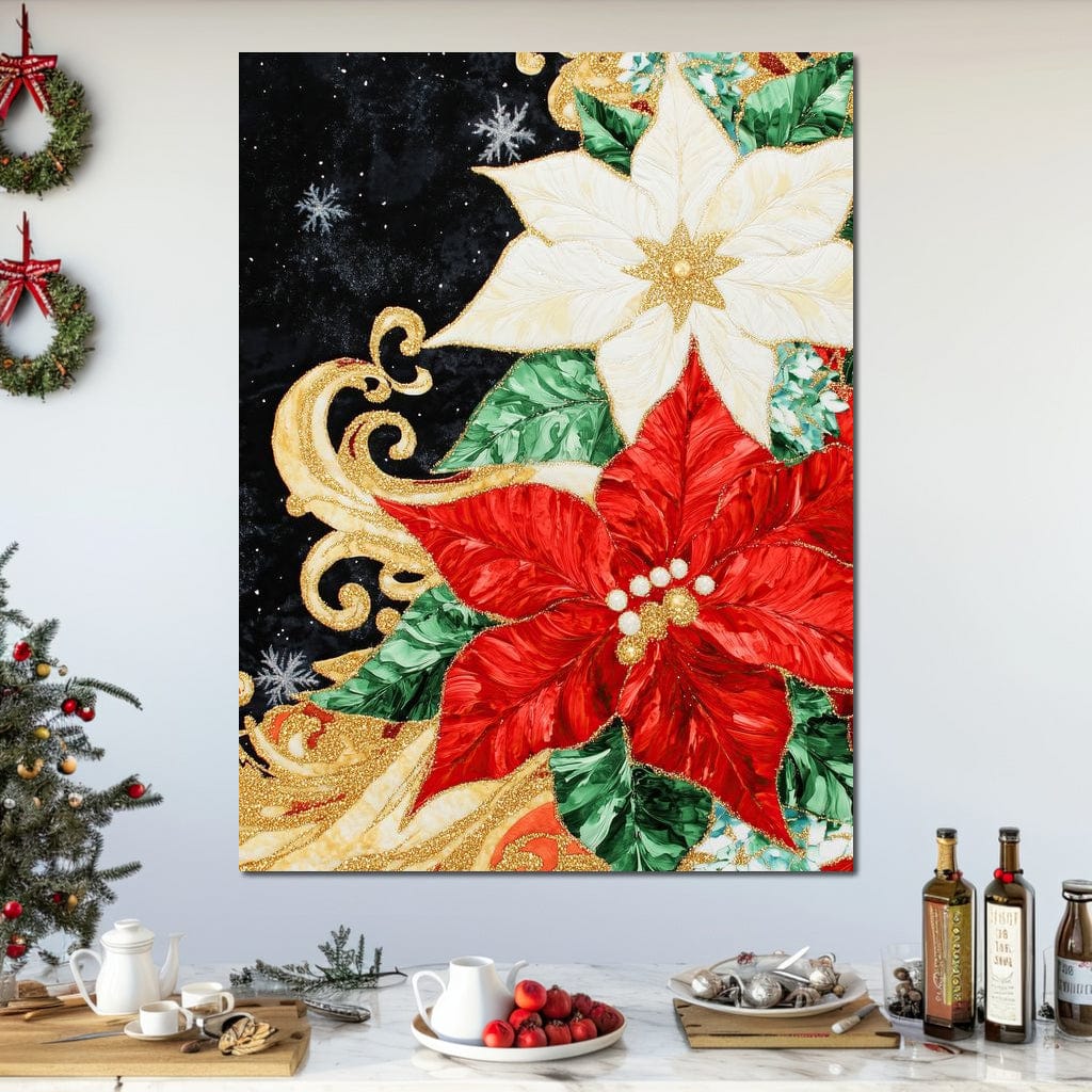 Tablou Canvas Premium LuxCanva® D1026, Aranjament de Craciun , Flori, Craciunita, Rosu, Alb, Decor, Living Room, Culori vibrante