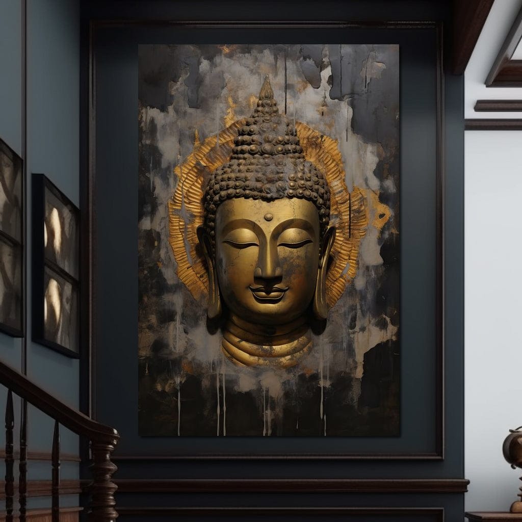 Tablou Canvas Premium LuxCanva® I124, Aura Linistii, Buddha, Zen, Iluminare, Pace Interioara, Spiritualitate, Armonie, Meditatie, Liniste, Urna, Fum, Gold, Living, Dormitor
