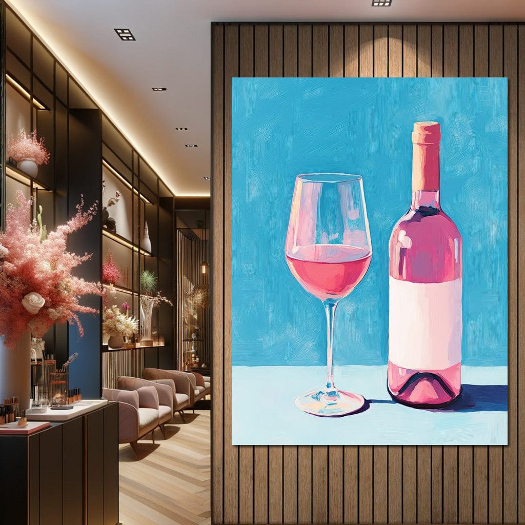 tablou canvas cu o sticla si un pahar de vin rose, pictate pe fundal albastru pastelat