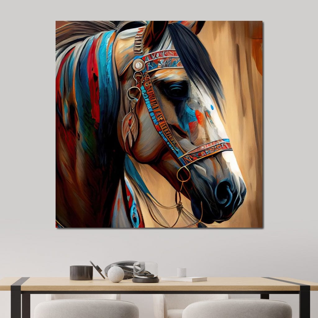 tablou canvas cu un portret de cal, decorat cu ornamente multicolore tribale, pe fundal pictat in nuante calde