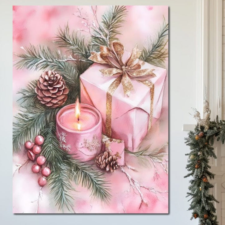 Tablou Canvas Premium, LuxCanva® D1077, Freamat de Sarbatoare, Daruri, Roz, Simboluri, Traditional, Farmec, Con, Brad, Ramuri, Lumanare, Aprinsa, Funda, Auriu, Masa, Camera Copil, Living, Dormitor