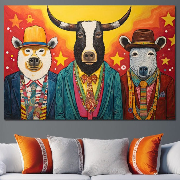 Tablou Canvas Premium, LuxCanva® K1009, Banditii in Costume, Blana, Vedete, Coarne, Costum, Gasca, Urs, Vaca, Bou, Stilizati, Personaje, Pop-Art, Ludic, Prietenie, Camera Copii