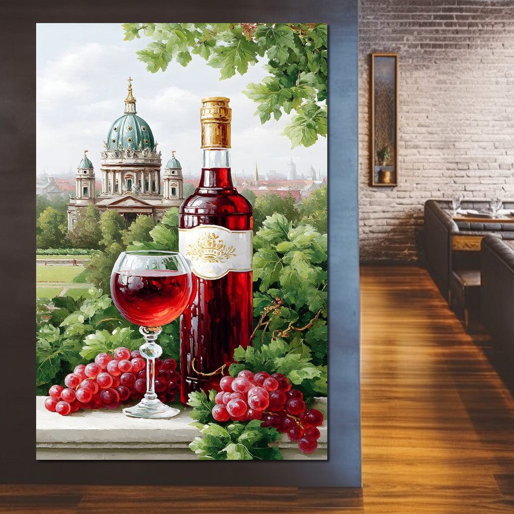tablou canvas cu o sticla si un pahar de vin rosu, printre struguri si vegetatie, cu o manastire si un cadru urban pe fundal