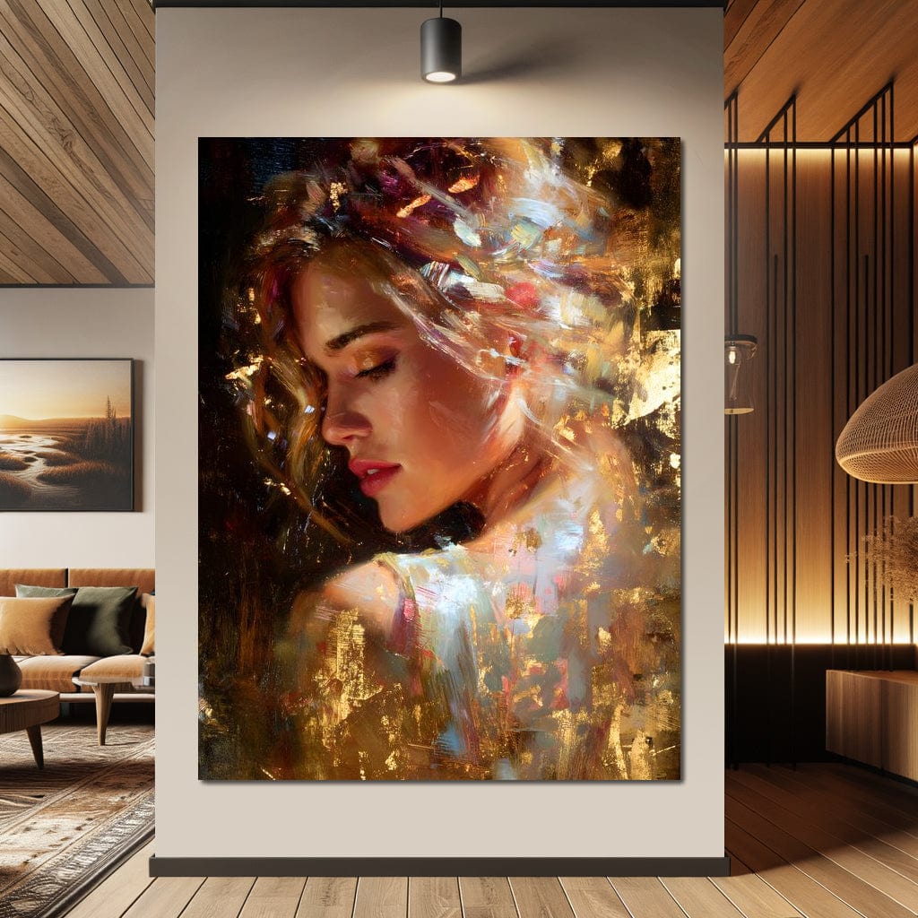 Tablou Canvas Premium, LuxCanva® G1155, In Bratele Soarelui, Visare, Fata, Zeita, Auriu, Gratie, Tacere, Stralucire, Freamat, Sclipiri, Rasarit, Mister, Rafinament, Birou, Living, Dormitor