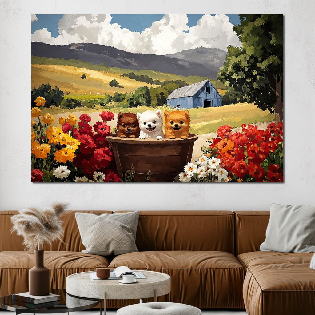 tablou canvas cu trei catelusi intr-un butoias de lemn in mijlocul unei gradini inflorite, pe fundal de dealuri aurii si un h