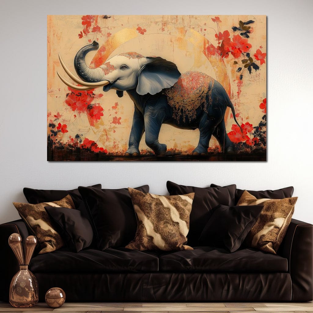 tablou canvas cu un elefant elegant, pictat in tonuri de negru si gri cu accente aurii, pe fundal cald bej-auriu in stil orie