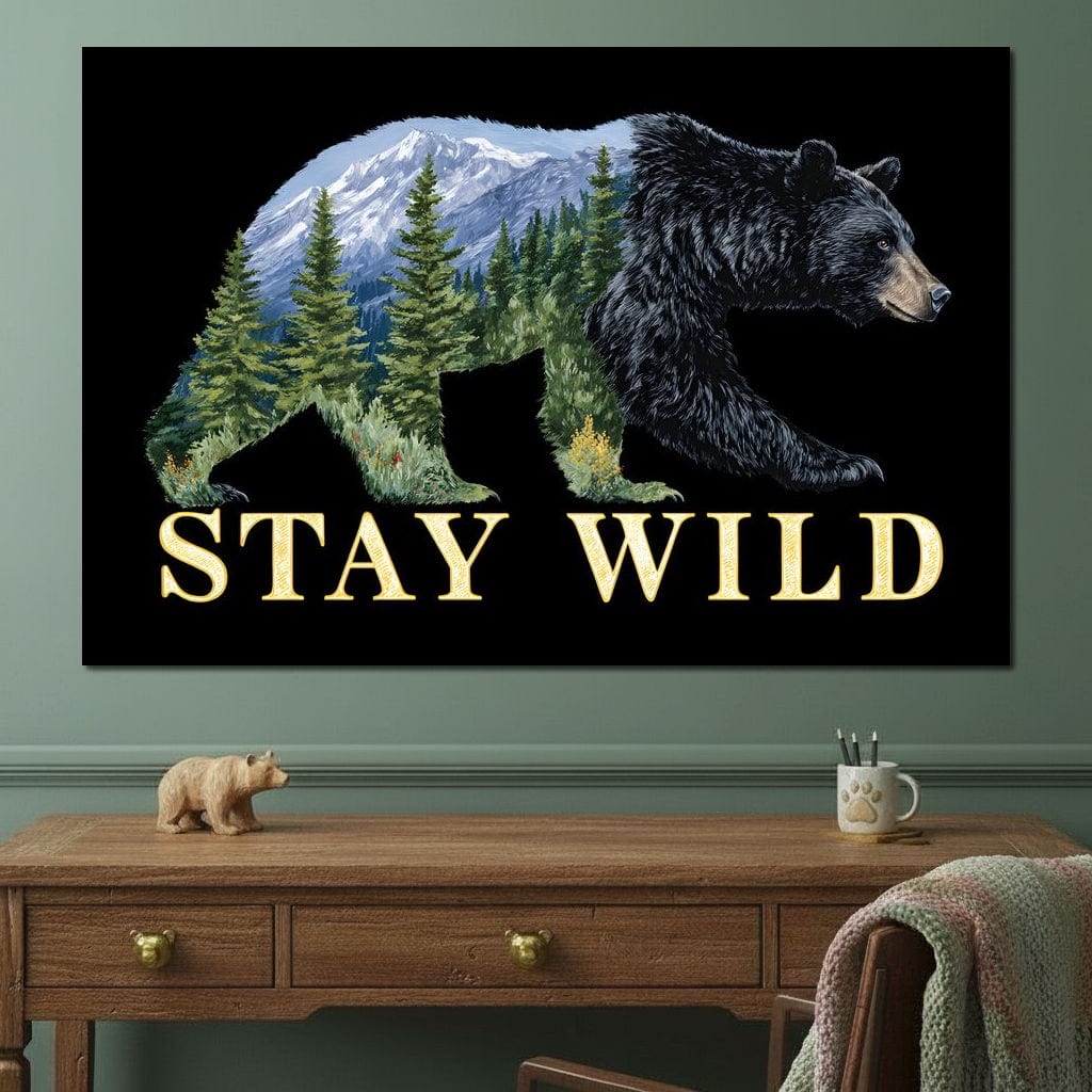 tablou canvas cu silueta unui urs, cuprinsa de un peisaj montan cu brazi si un text motivational, pe fundal negru