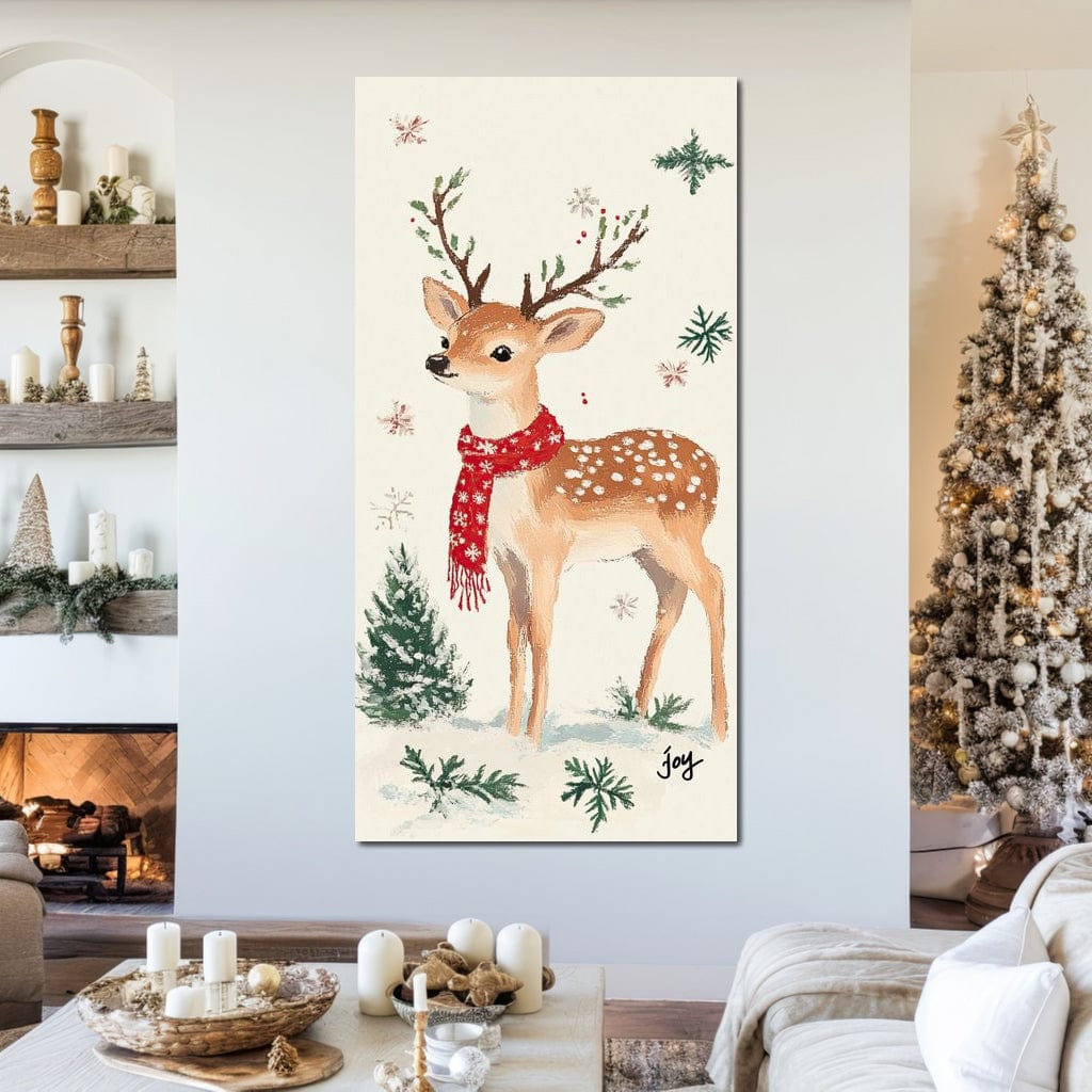 Tablou Canvas Premium LuxCanva® D1049, Povestea Renului cu Fular Rosu ,  Ren, Brad, Fular, Rosu, Zapada, Living Room, Culori vibrante