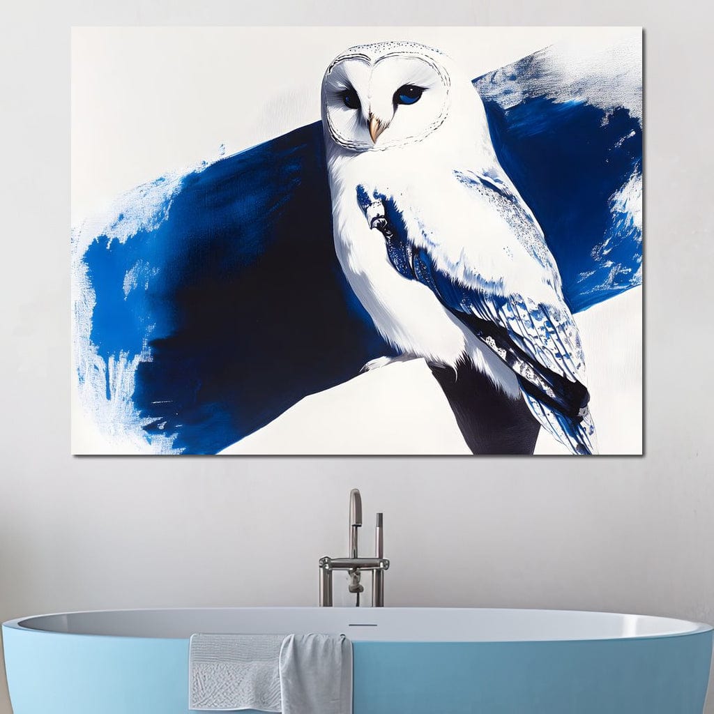 tablou canvas cu o bufnita alba eleganta, conturata pe fundal abstract in nuante de albastru stil cerneala