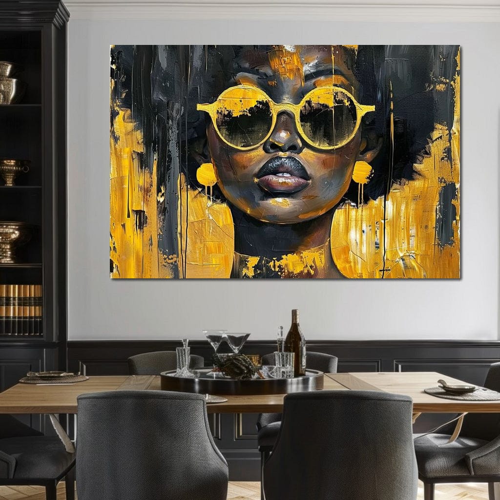 Tablou Canvas Premium LuxCanva® G1014, O Zeita Moderna , Afro, Urban, Modernitate, Galben, Ochelari de Soare, Stil, Living, Dormitor, Culori vibrante