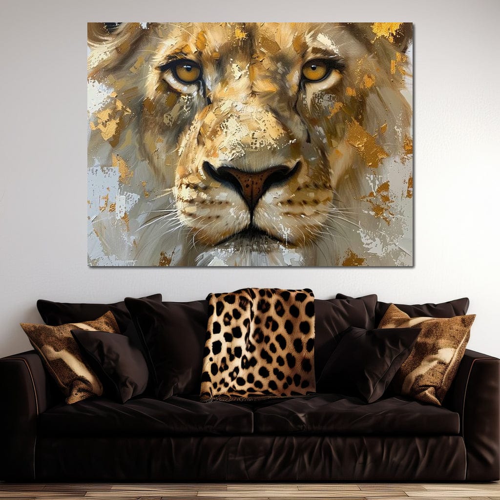 tablou canvas cu un chip de leu redat in culori calde si accente aurii, pe fundal abstract deschis