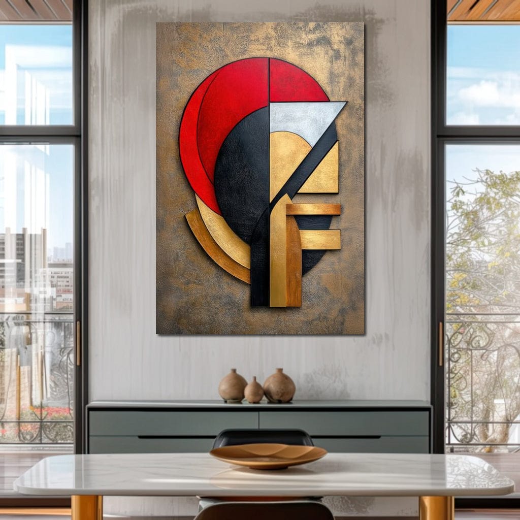 Tablou Canvas Premium, LuxCanva® J1001, Chip Fragmentat, Chip, Stilizat, Forme, Suprapus, Rosu. Galben, Echilibru, Disociere, Arta, Expozitie, Artist, Living, Dormitor