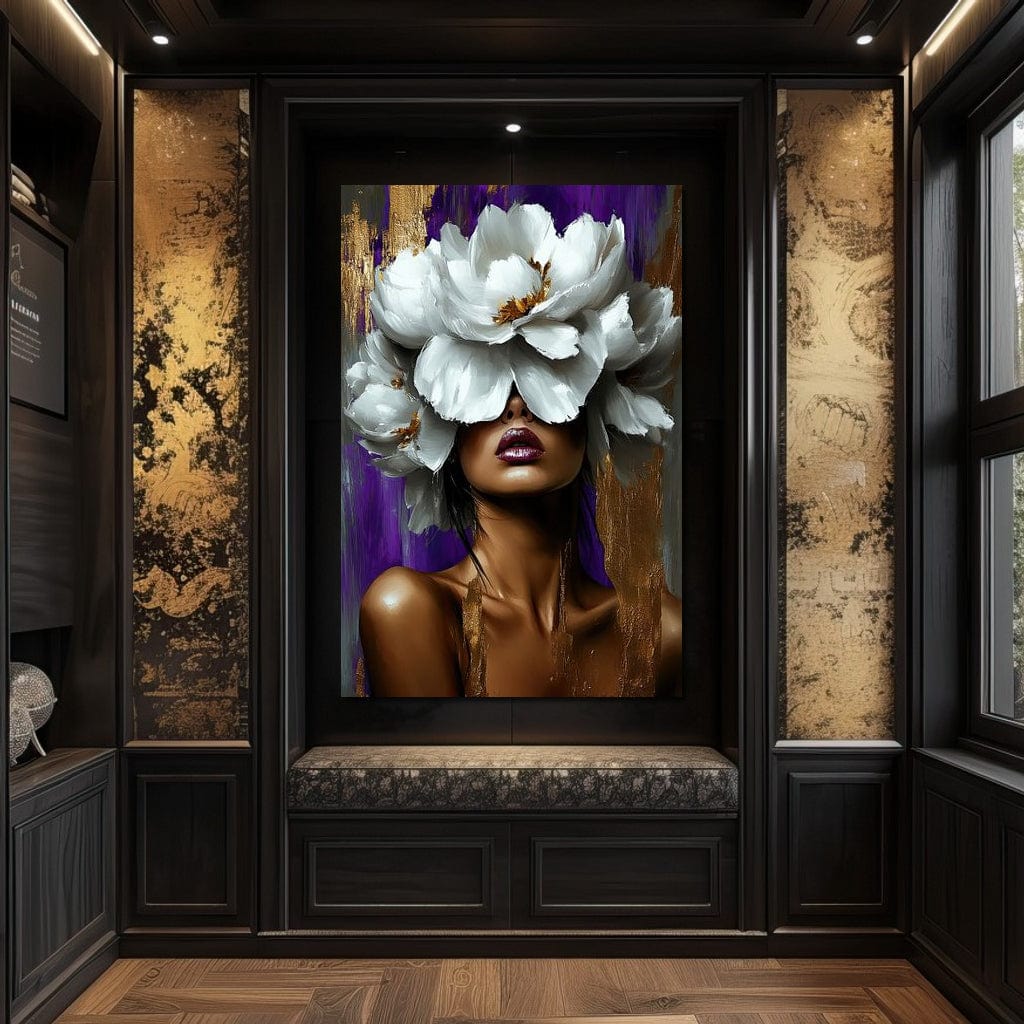 Tablou Canvas Premium, LuxCanva® G1187, Petale in Amurg Violet, Aur, Alb, Mov, Petale, Corola, Regina, Imperial, Tacere, Imaculat, Luxuriant, Eteric, Frumusete, Vis, Birou, Living, Dormitor