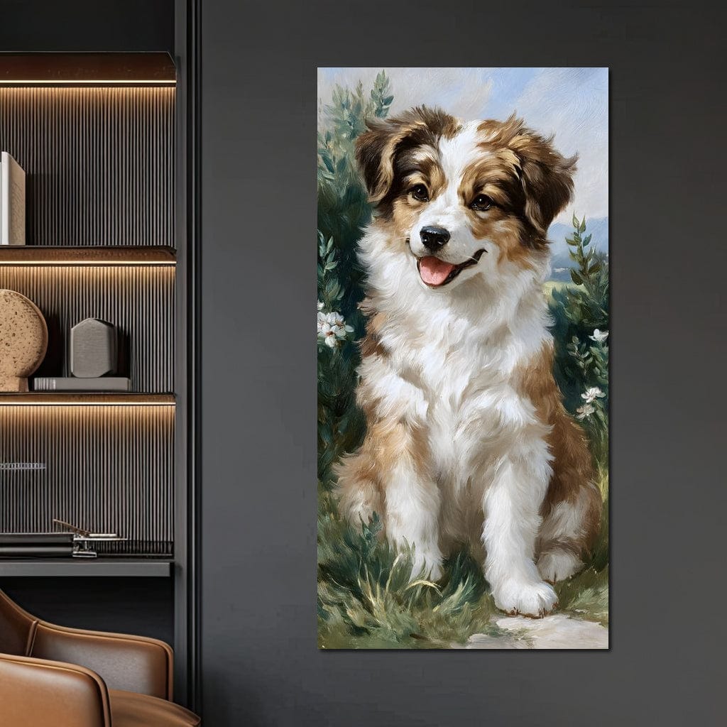 tablou canvas cu un catel blanos, pictat realist in nuante calde de maro si alb, intr-un decor natural cu frunze si flori