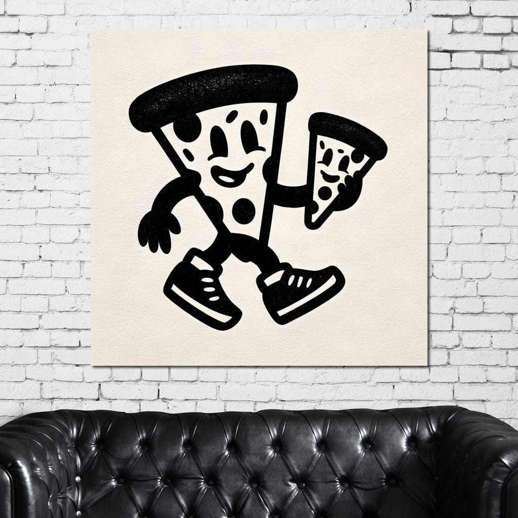 tablou canvas cu doua felii de pizza desenate in alb si negru