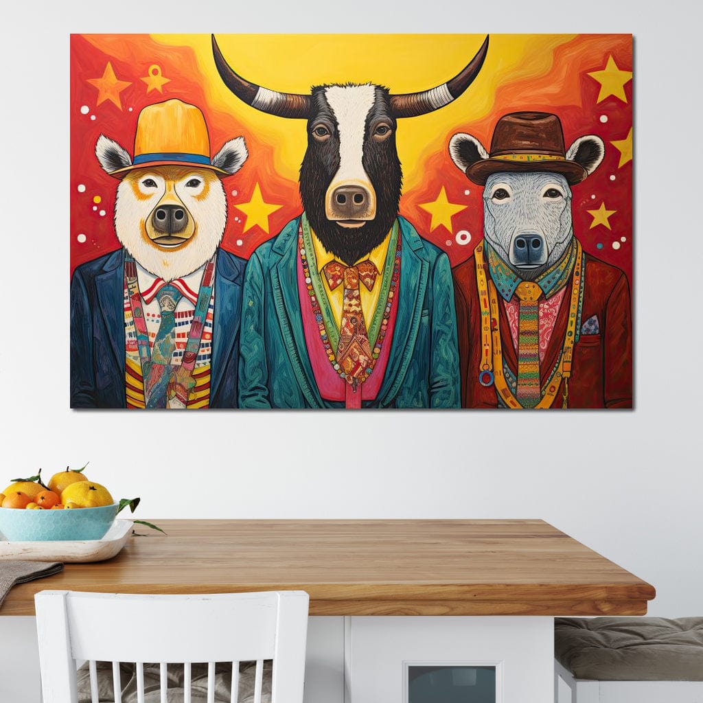 Tablou Canvas Premium, LuxCanva® K1009, Banditii in Costume, Blana, Vedete, Coarne, Costum, Gasca, Urs, Vaca, Bou, Stilizati, Personaje, Pop-Art, Ludic, Prietenie, Camera Copii