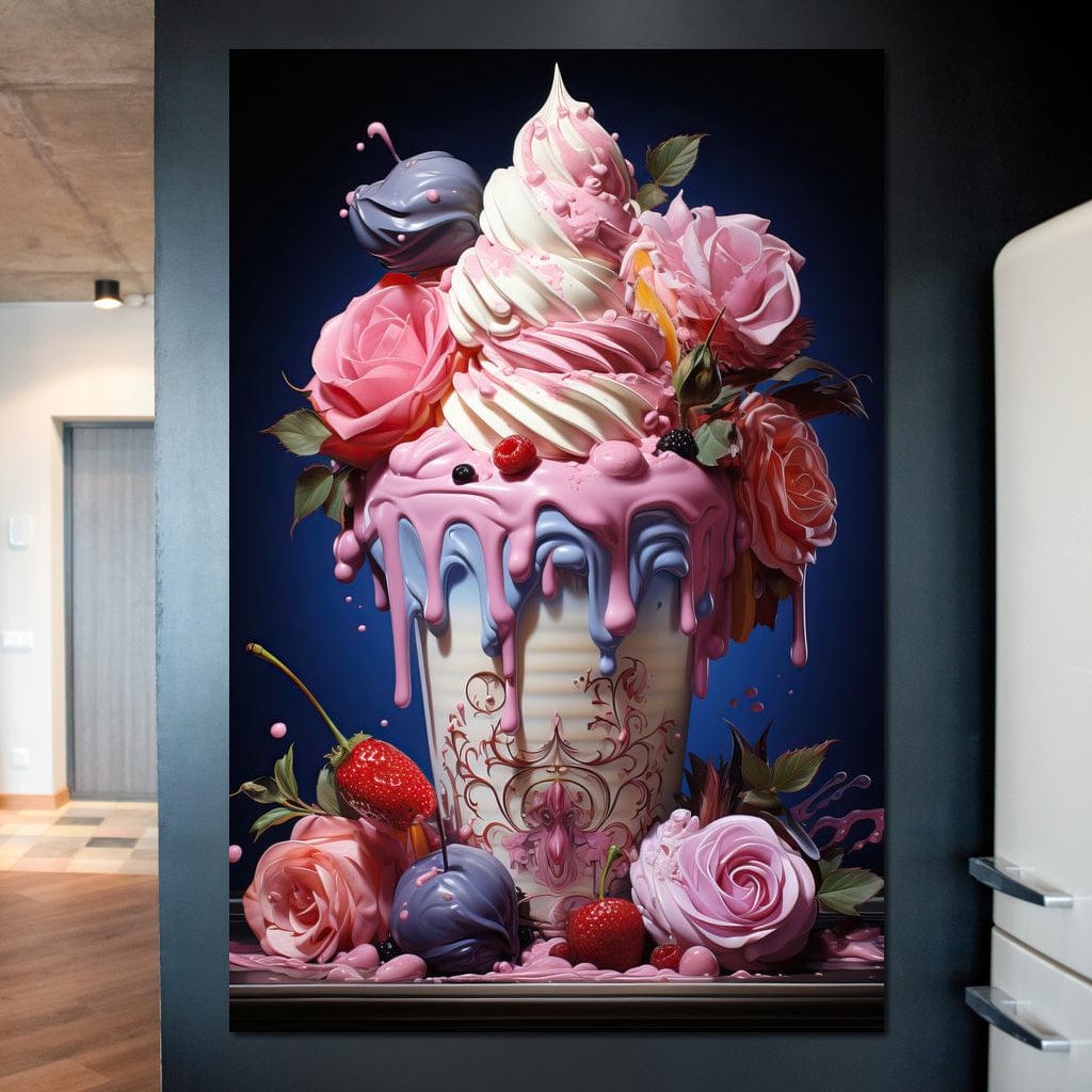 tablou canvas cu un pahar cu inghetata glazurata, bezele cu fructe si trandafiri roz