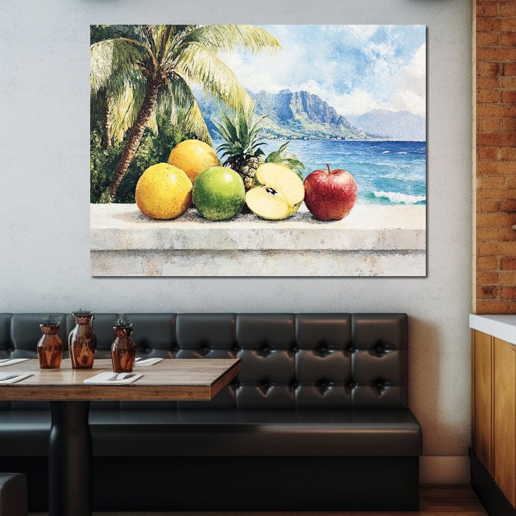 tablou canvas cu diverse fructe, pe fundal tropical cu palmieri si valurile unui ocean, pictat in nuante deschise