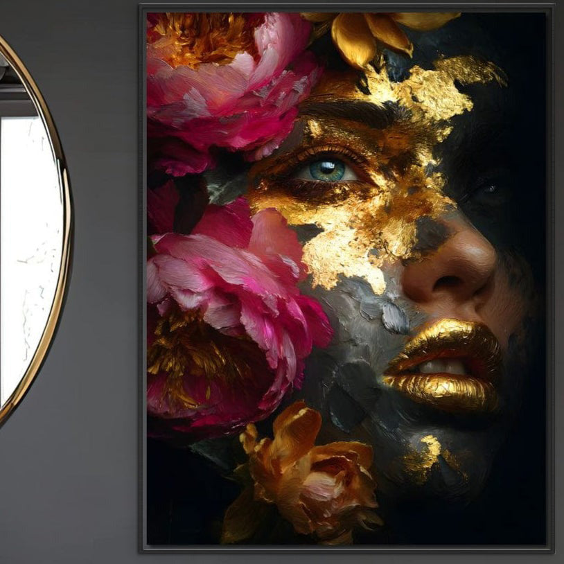 Tablou Canvas Premium, LuxCanva® G1221, Persefona de Aur, Auriu, Fucsia, Flori, Divinitate, Aurora, Zeita, Transformare, Putere, Feminina, Mister, Exotic, Enigma, Pasiune, Salon, Birou, Living, Dormitor