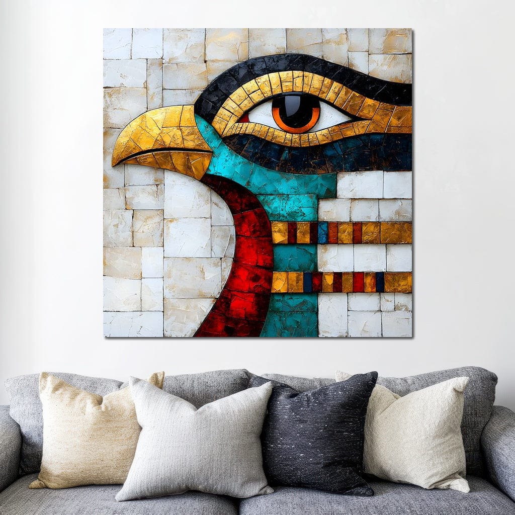 tablou canvas cu o pasare in stil egiptean redat in culori vibrante si forme geometrice