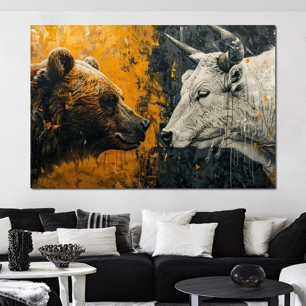 tablou canvas cu un urs si un taur fata in fata pe fundal galben si negru