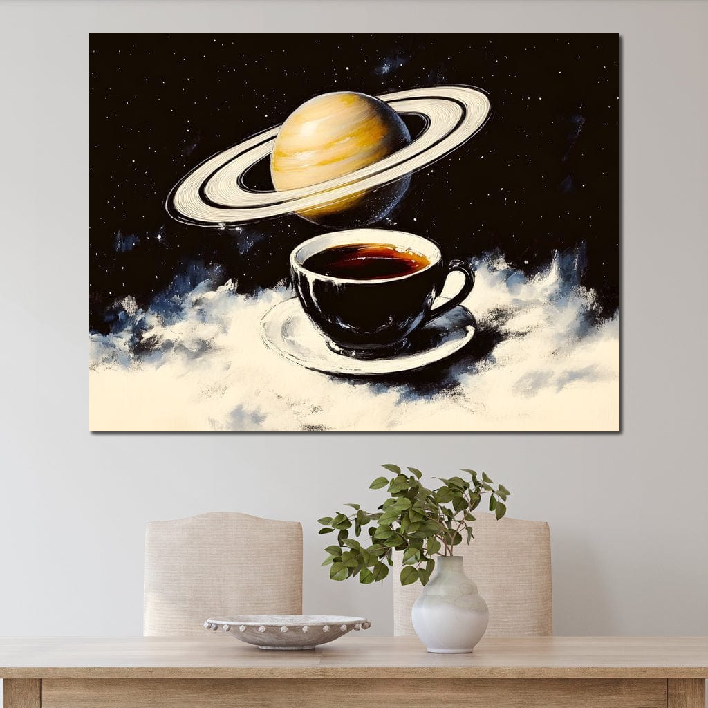 tablou canvas cu o ceasca de cafea neagra, pe fundal intunecat cu stele si planeta Saturn