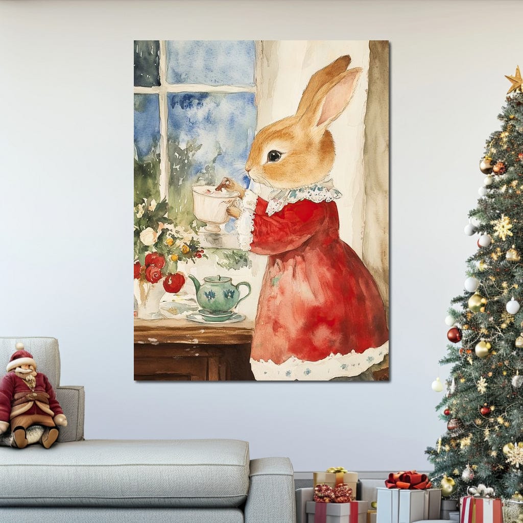 Tablou Canvas Premium LuxCanva® D1047, Iepurasul Rosu si Aroma Ceaiului ,  Iepure, Ceai, Fereastra, Nostalgie, Elegant, Living Room, Culori vibrante