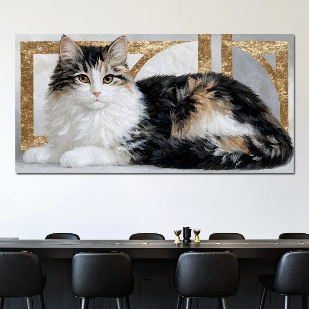 tablou canvas cu o pisica calico, cu blanita pufoasa in nuante de negru, alb si portocaliu, pe fundal abstract cu accente aurii