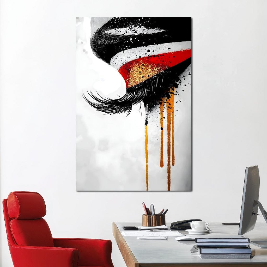 Tablou Canvas Premium, LuxCanva® G1180, Privirea care Curge, Ochi, Gene, Lacrimi, Tacere, Durere, Emotie, Drama, Rosu, Galben, Negru, Stropi, Suferinta, Birou, Living, Dormitor