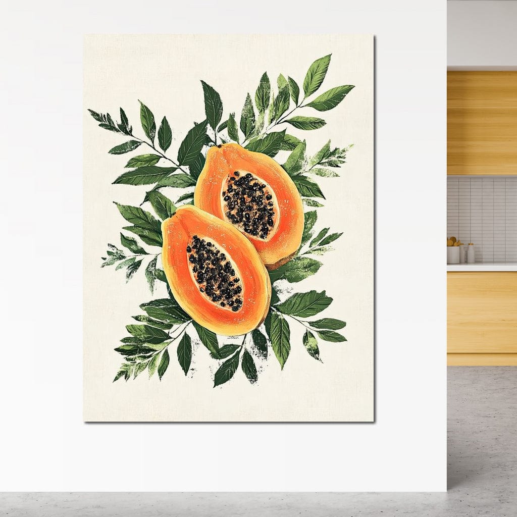 tablou canvas cu doua jumatati de papaya, cu frunze pe fundal alb