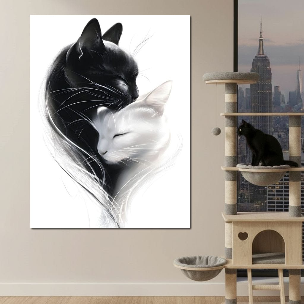 tablou canvas cu o pisica alba si una neagra, imbratisate intr-un cadru alb