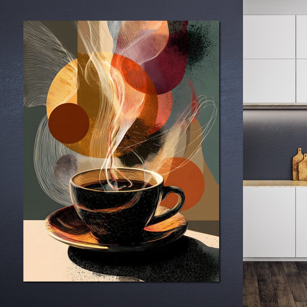 tablou canvas cu o ceasca de cafea espresso fierbinte, cu aburi, pe fundal abstract inchis cu forme nuante calde 