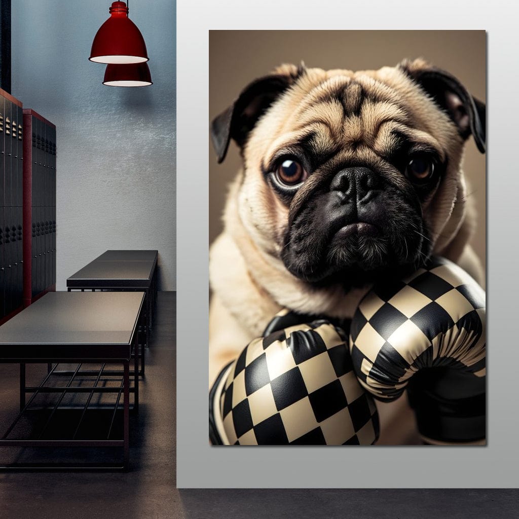 tablou canvas cu un caine pug purtand manusi de box in carouri alb si negru