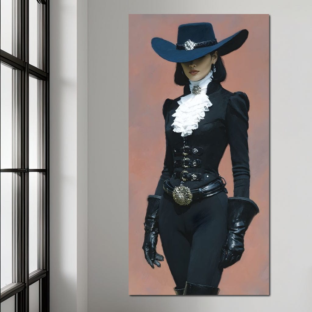 Tablou Canvas Premium, LuxCanva® G1225, Aristocrata Intunericului, Eleganta, Doamna, Palarie, Costum, Negru, Manusi, Mister, Puternica, Rafinata, Autoritara, Lux, Cavaleresc, Salon, Birou, Living, Dormitor