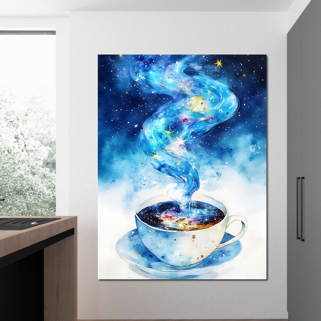 tablou canvas cu o ceasca de cafea alba, cu aburi albastri pe fundal nocturn albastru cu stele aurii