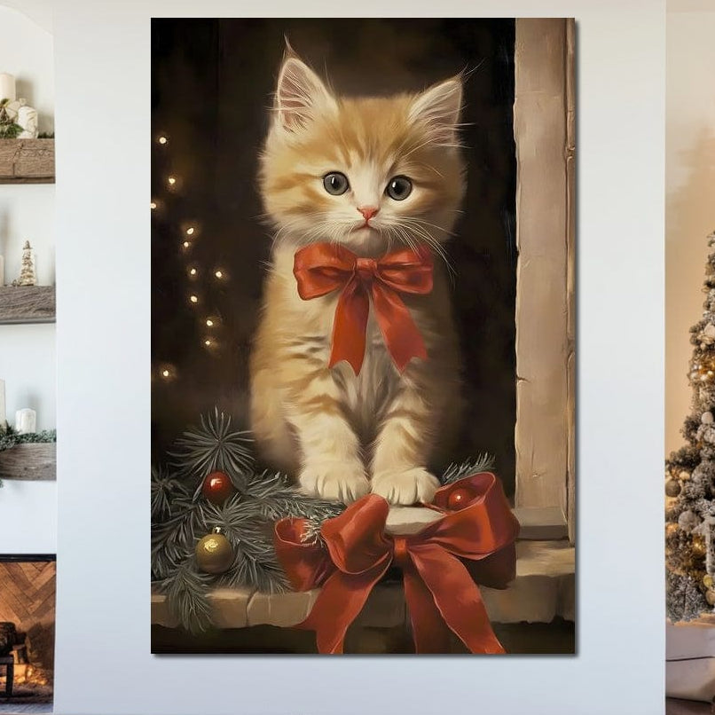 Tablou Canvas Premium, LuxCanva® D1087, Blanita de Poveste, Pisoi, Cadou, Pufos, Blanita, Pui, Spirit, Jucaus, Funda, Dragalas, Felina, Globuri, Rosu, Auriu, Bradut, Cadou, Camera Copil, Living, Dormitor