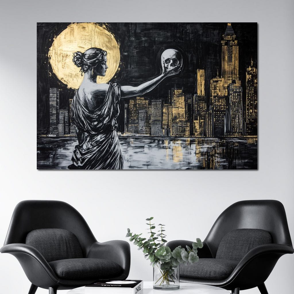 Tablou Canvas Premium, LuxCanva® G1119, Orasul si Tacerea, Craniu, City, Apus, Dialog, Eternitate, Destin, Viitor, Luna, Abstract, Living, Dormitor