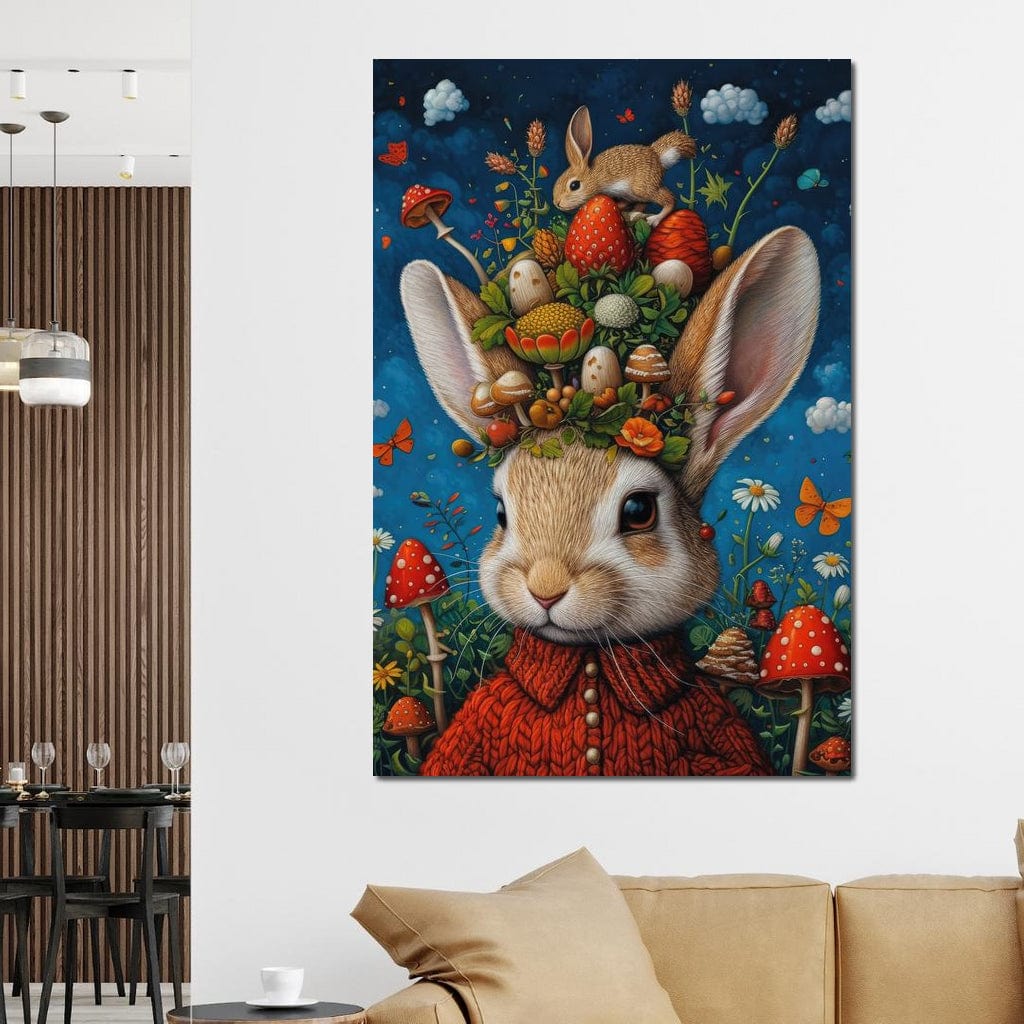 Tablou Canvas Premium, LuxCanva® K1006, Iepurasul Si Gradina Magica, Padurar, Palarie, Fermecata, Print, Padure, Ciupercute, Norisori, Capsuni, Basm, Decor, Camera Copii