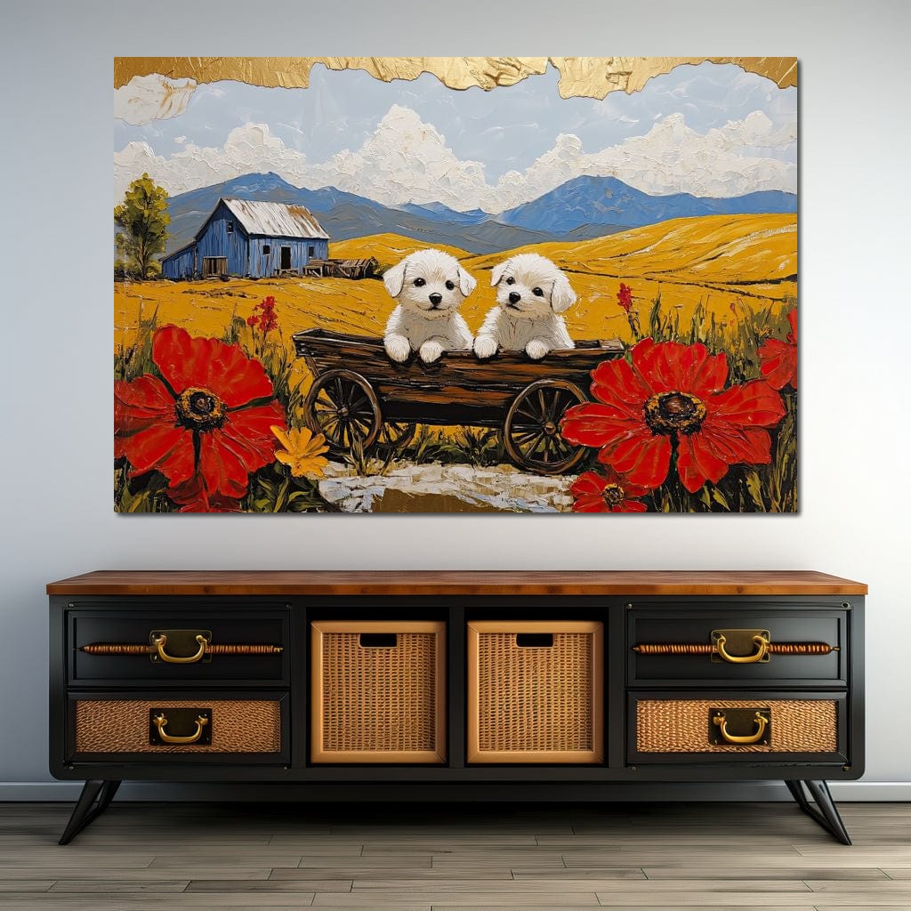 tablou canvas cu doi catelusi albi intr-un caruta de lemn rustica, in mijlocul unui lan auriu de vara, inconjurati de maci ro