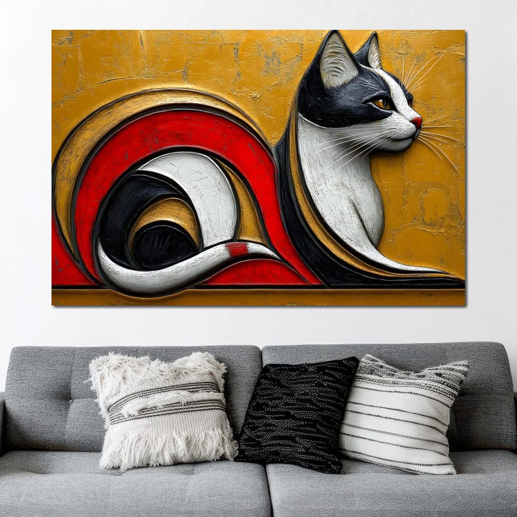 tablou canvas cu o pisica redata in linii curbe abstracte, pe tonuri calde de auriu si rosu