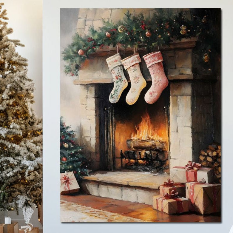 Tablou Canvas Premium, LuxCanva® D1071, Poveste langa Semineu, Ciorapi, Craciun, Brad, Impodobit, Cadou, Foc, Lemne, Familie, Camin, Soba, Fericire, Emotie, Magie, Camera Copil, Living, Dormitor