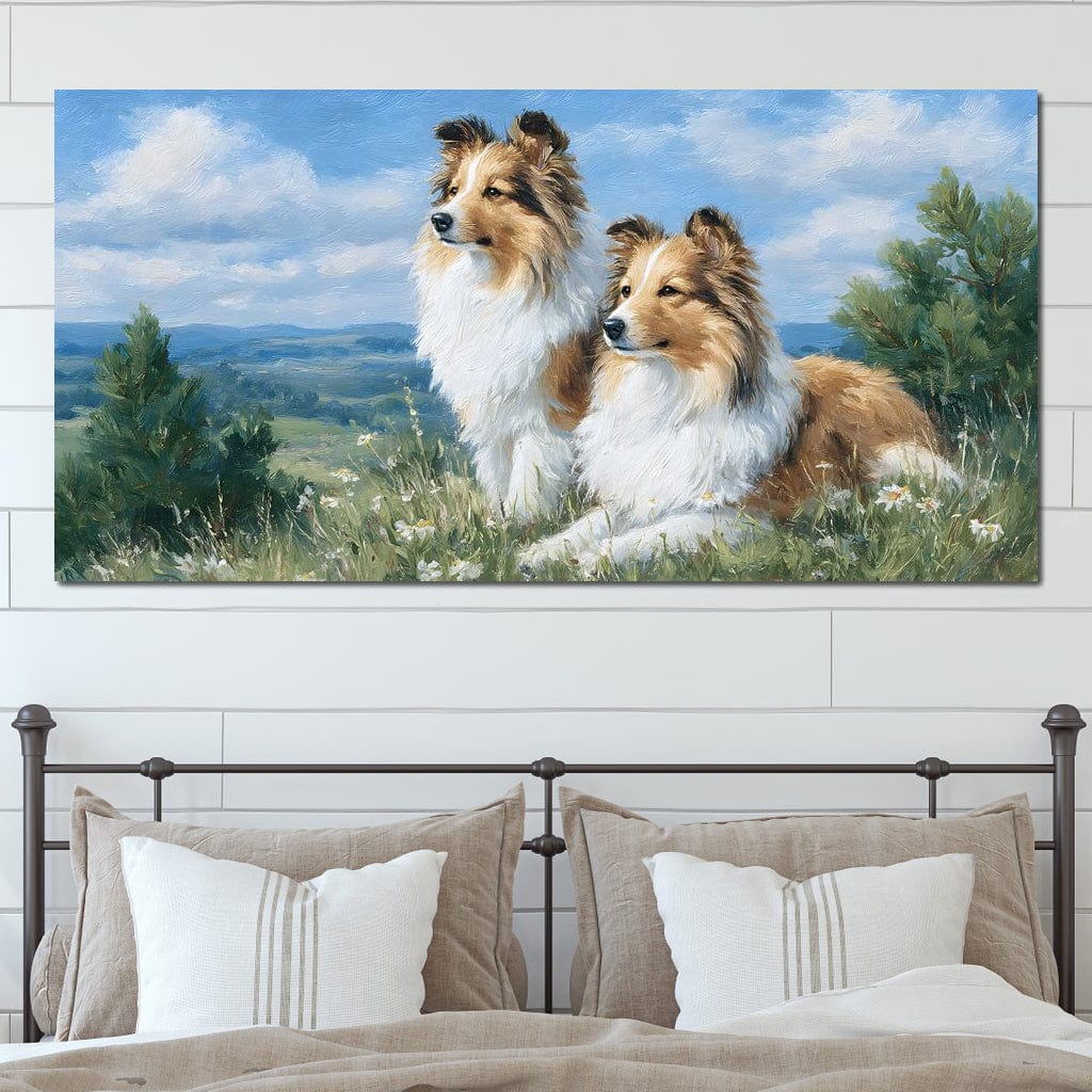 tablou canvas cu doi caini blanosi intr-un peisaj rustic de campie, in conjurati de flori si vegetatie sub cer senin