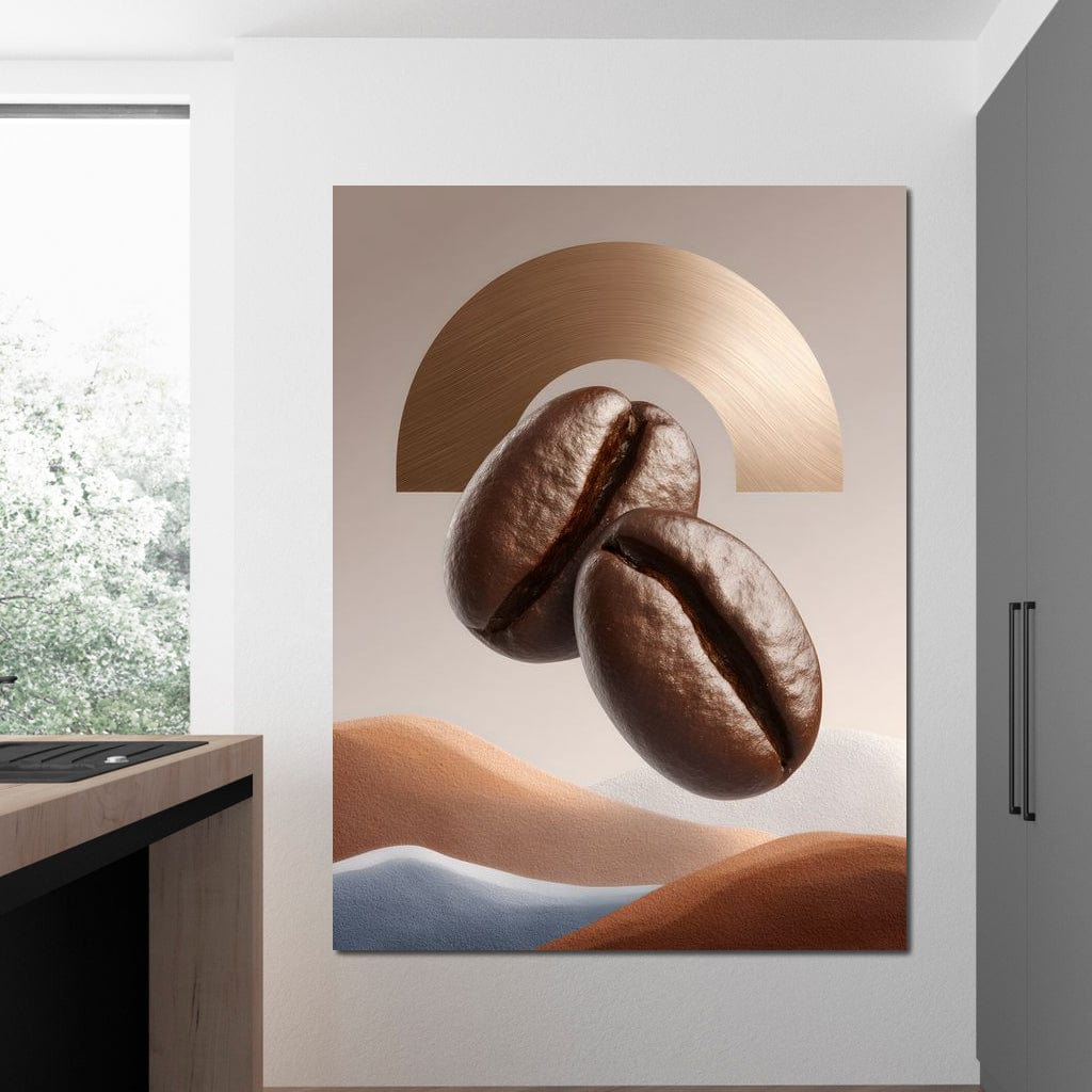 tablou canvas cu doua boabe de cafea, pe fundal abstract deschis, cu nuante calde de maro, auriu si bej