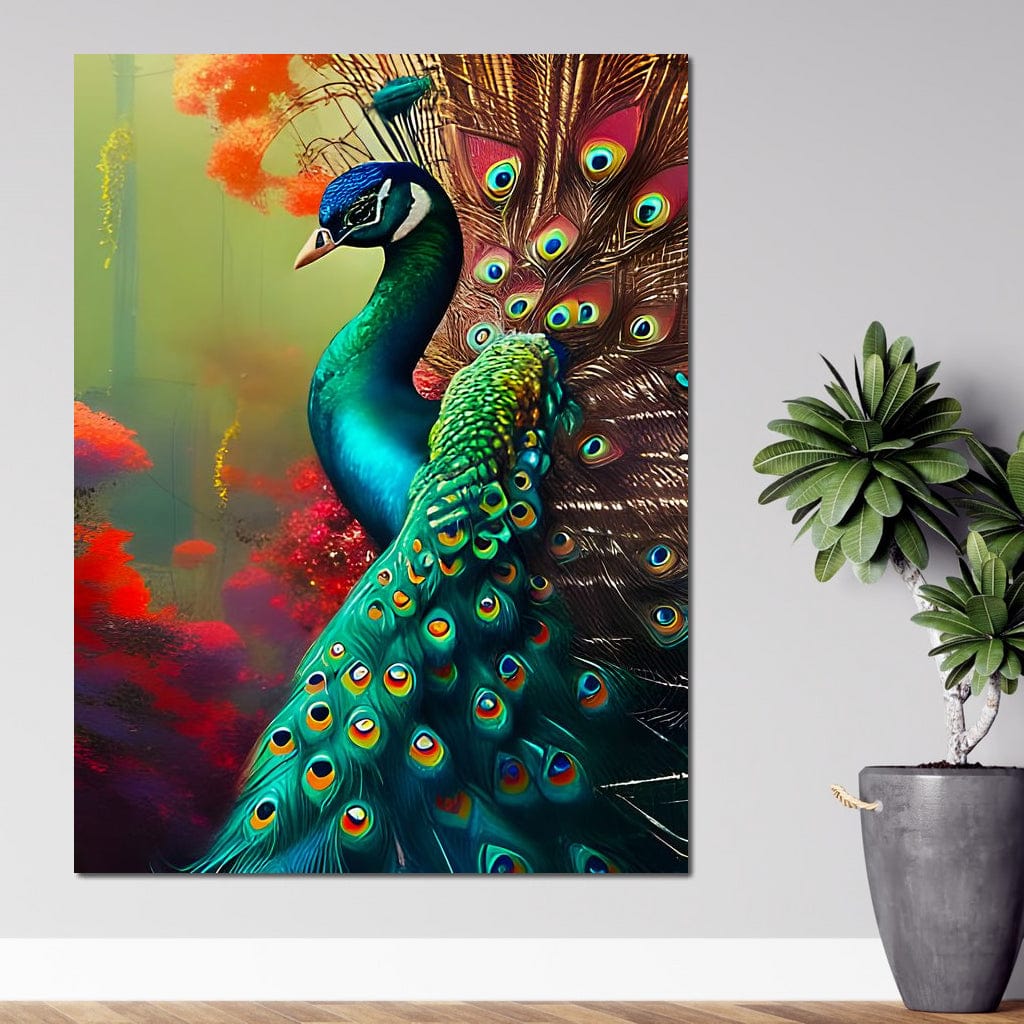 tablou canvas cu un paun in culori vii si fundal de poveste