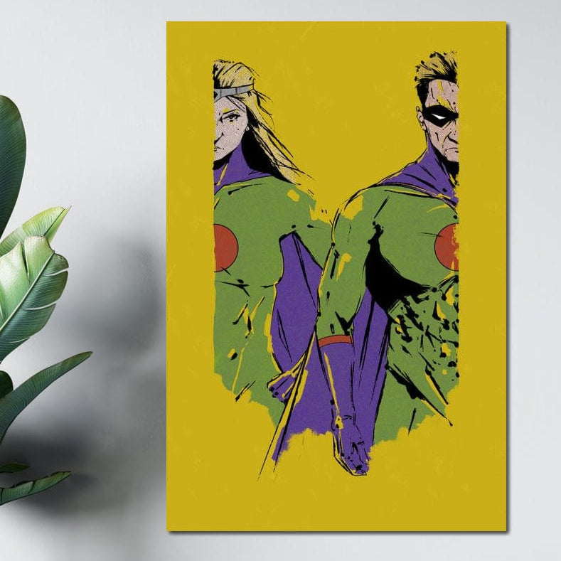 Tablou Canvas Premium, LuxCanva® K1013, Eroii Din Povesti, Duo, Misiune, Curaj, Gardieni, Galaxie, Eroi, Fantastici, Scut, Galben, Supereroi, Benzi, Desenate, Camera Copii