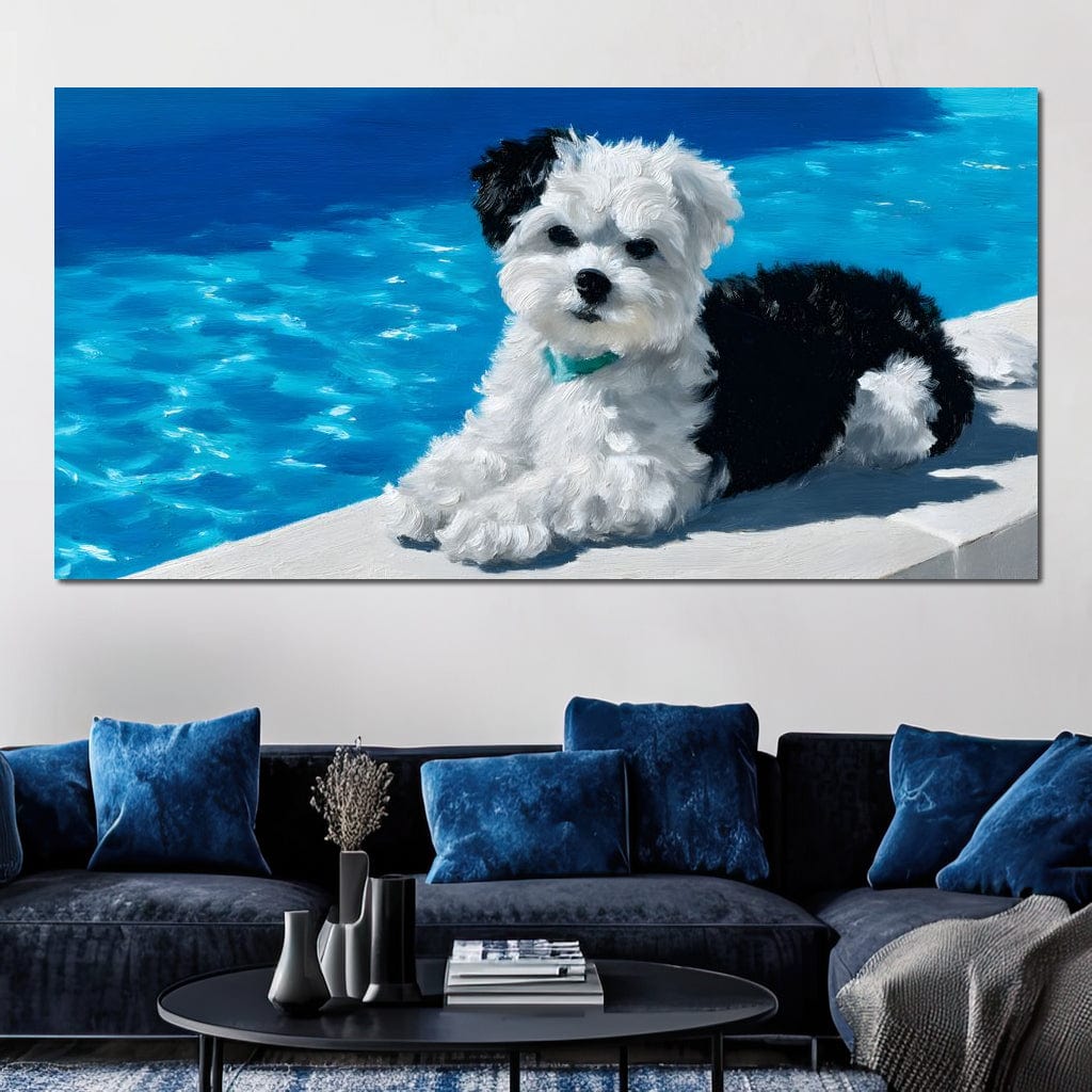 tablou canvas cu un catelus alb cu negru, relaxat pe marginea unei piscine pictate in nuante intense de albastru