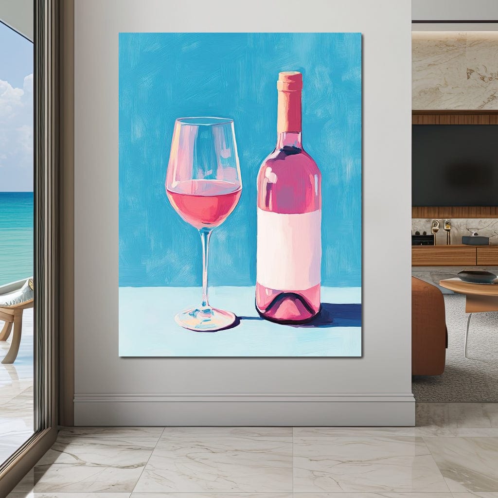 tablou canvas cu o sticla si un pahar de vin rose, pictate pe fundal albastru pastelat