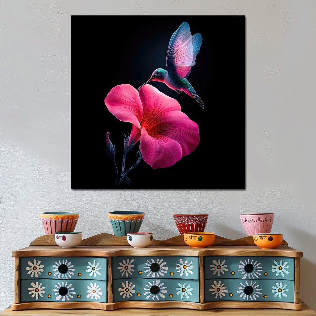 tablou canvas cu o pasare colibri in zbor langa o floare roz intens pe fundal negru