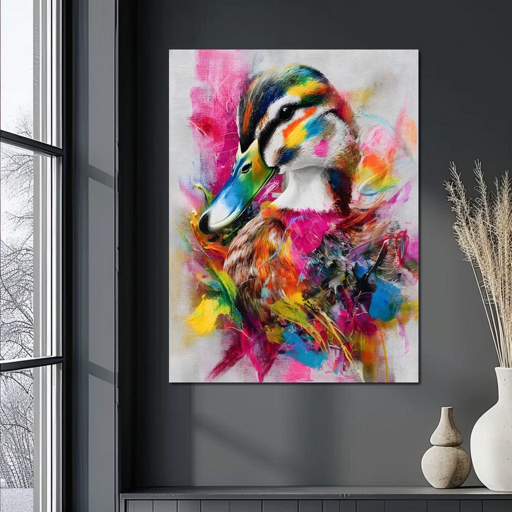 tablou canvas cu o rata cu penaj viu colorat, pe fundal multicolor