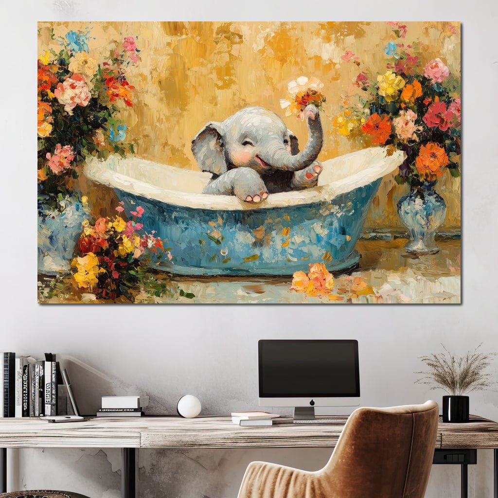tablou canvas cu un pui de elefant intr-o cada decorata cu flori colorate, pictat in stil expresiv si jucaus